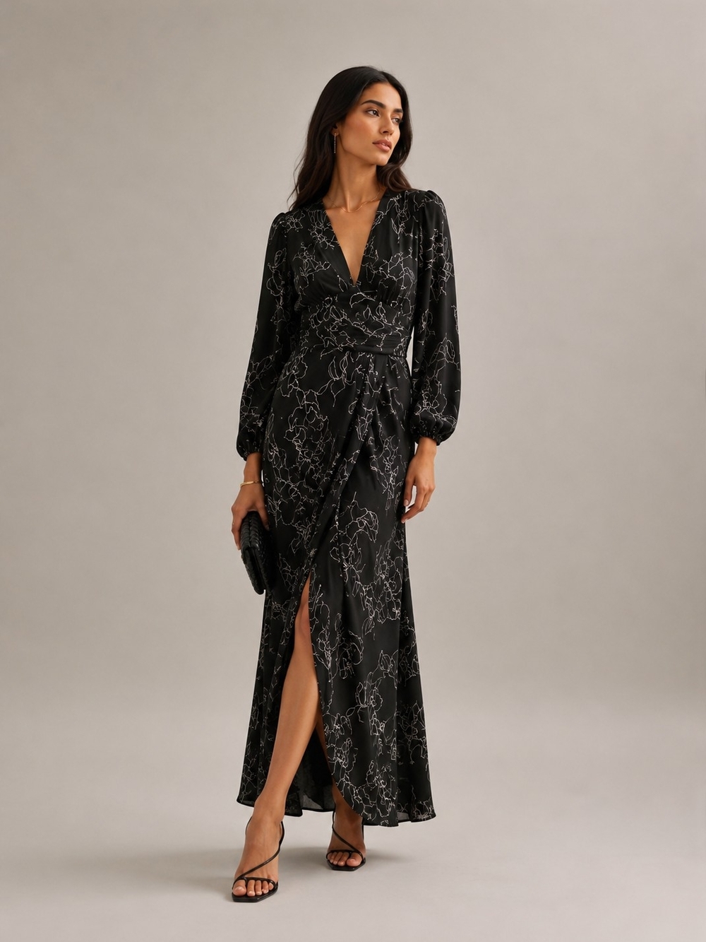 Kittenish Balck Floral Maxi Dress Long Sleeves V-neck Wedding Guest Event Party